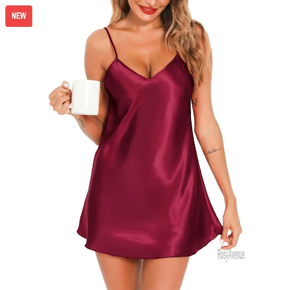 Satin Nightgown V-Neck Adjustable Straps Silky Sleepwear Slip Dress